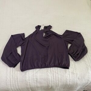 Bold Elements Purple Cold Shoulder Halter Blouse XL Balloon Sleeve Keyhole Top